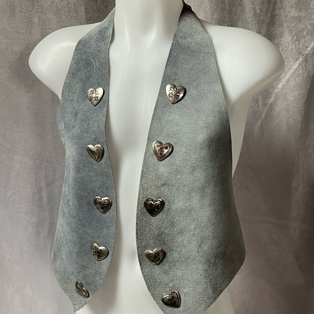 Gray Suede Vest with Silver Heart Buttons
